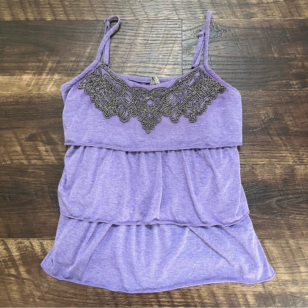 Y2K Charlotte Russe vintage purple beaded tiered ruffle tank top shirt small